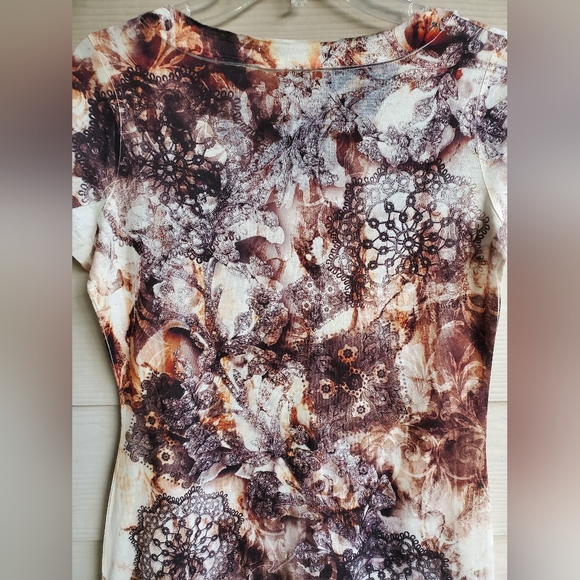 B.L.E.U Mixed Graphic Printed Steampunk Gears Embellished Burn-out Tee Tunic Top - Picture 11 of 12